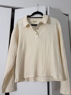🆕NWT Madewell Ribbed Cream Polo Long Sleeve Top